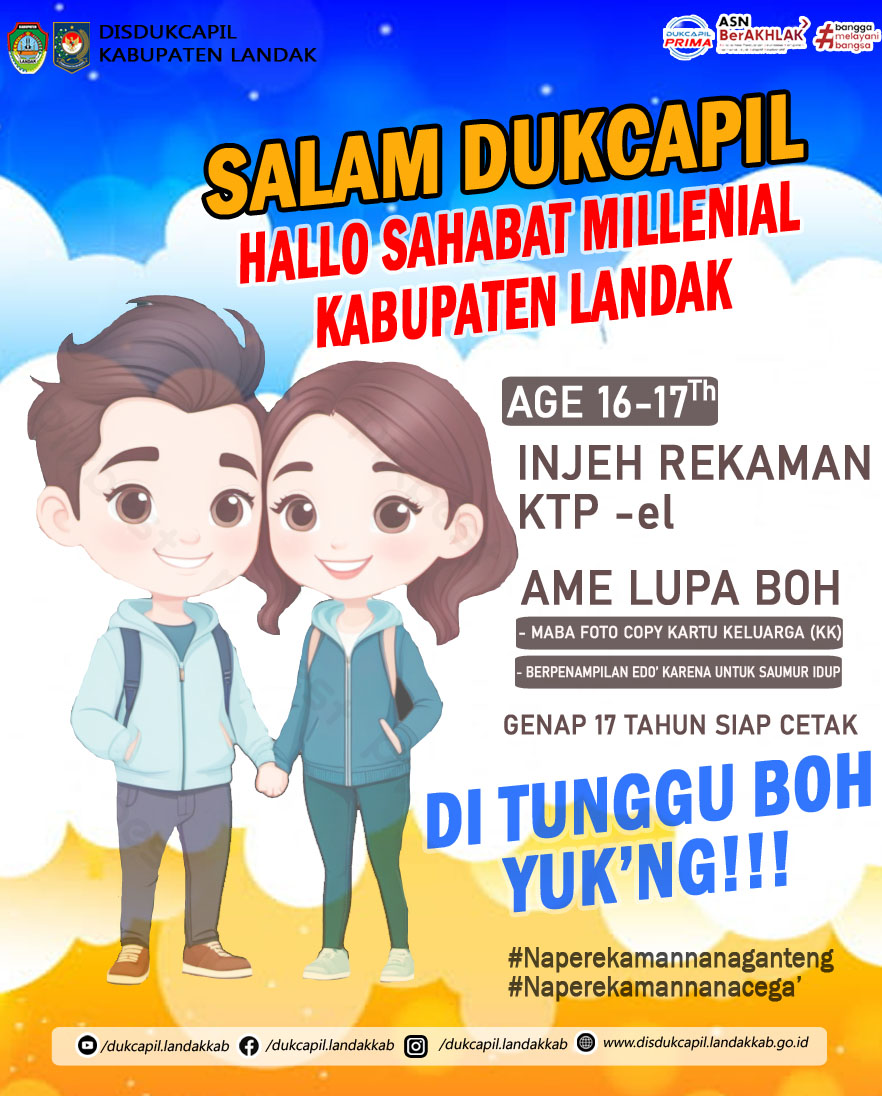 segera melakukan Perekaman KTP-el untuk sahabat-sahabat Millenial yang berusia 16-17 Tahun

#Naperekamannanaganteng
#Naperekamannanacega'
