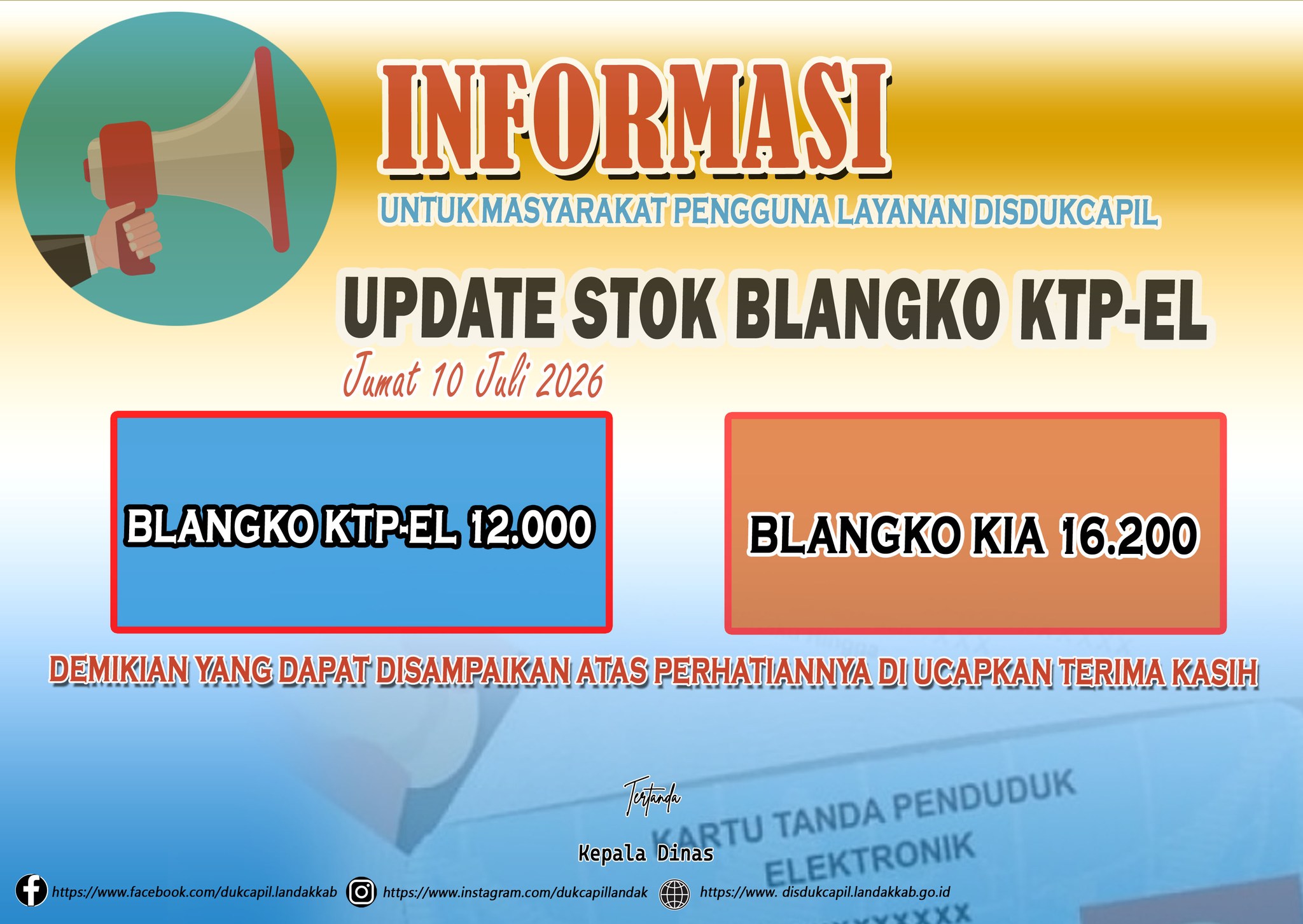 Ubdate Stok Blangko KTP-el dan KIA Jumat 10 Juli 2026